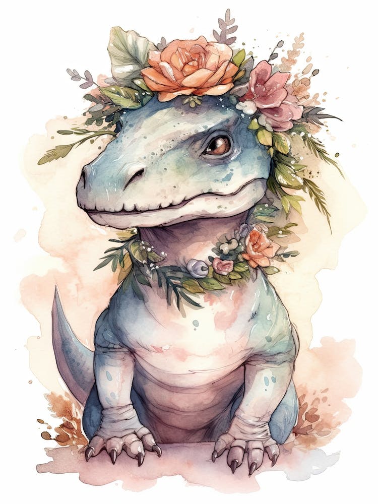 Allosaurus With A Crown Of Flowers Cute Dinosaur Watercolour 4