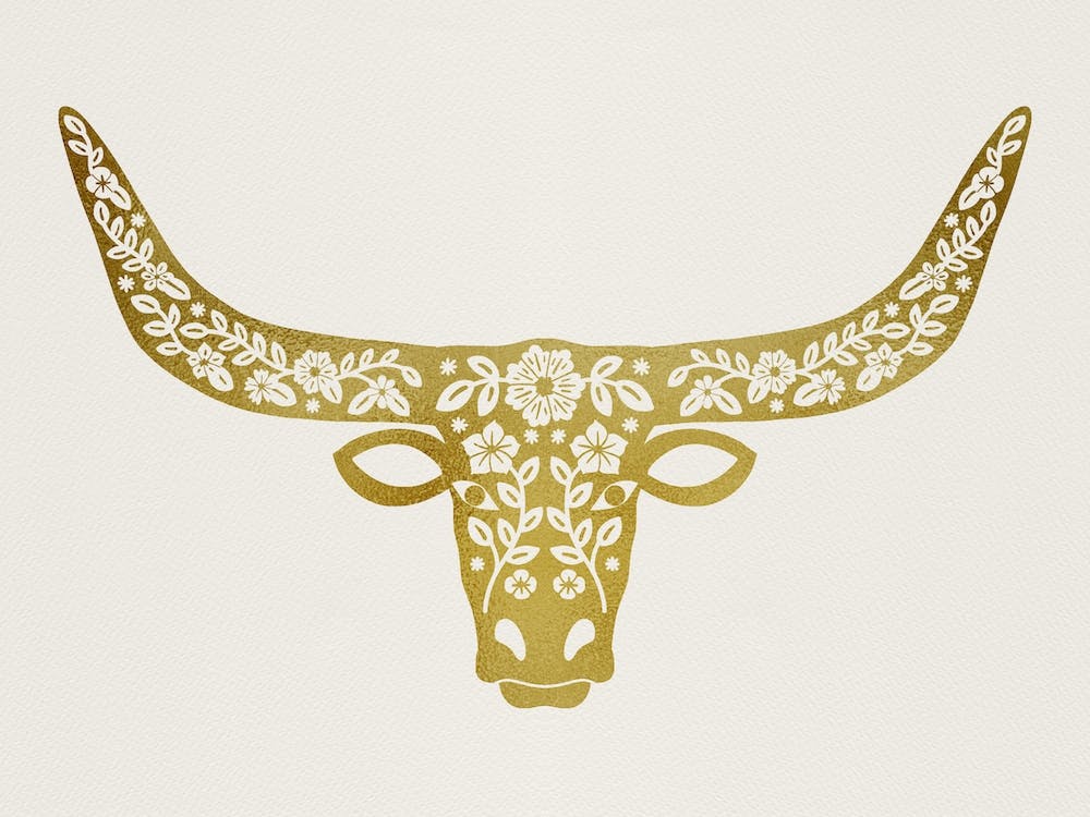 Floral Longhorn   Metallic Gold Silhouette