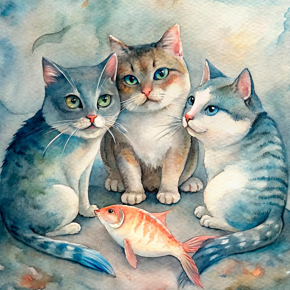 Three Cats With Fish