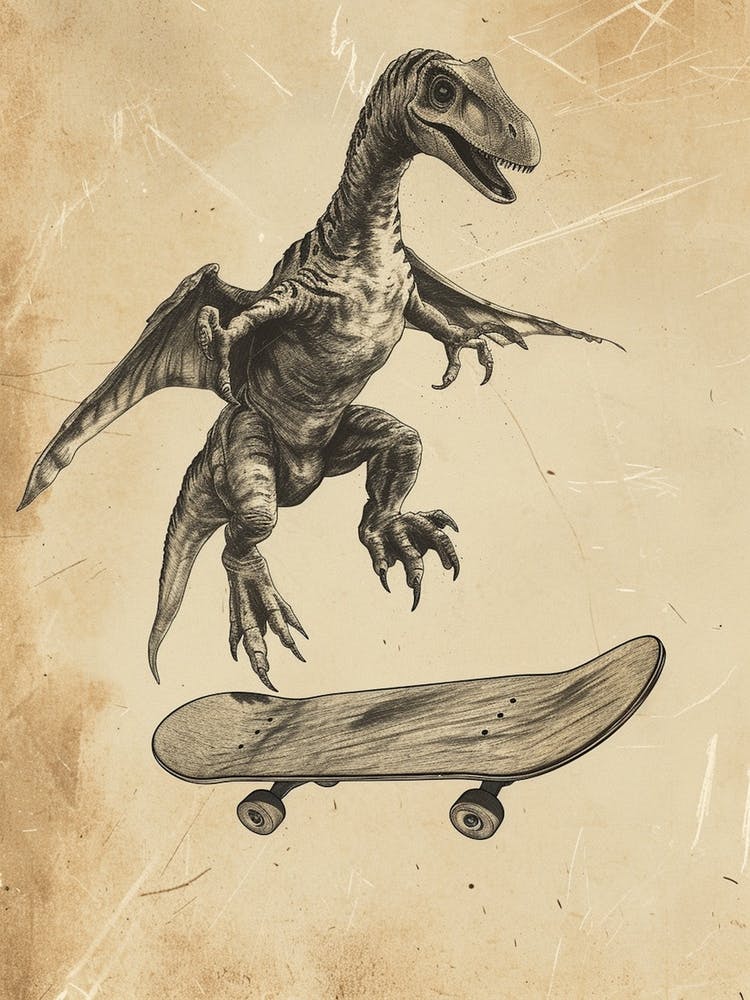Vintage Pteranodon Dinosaur On A Skateboard 1