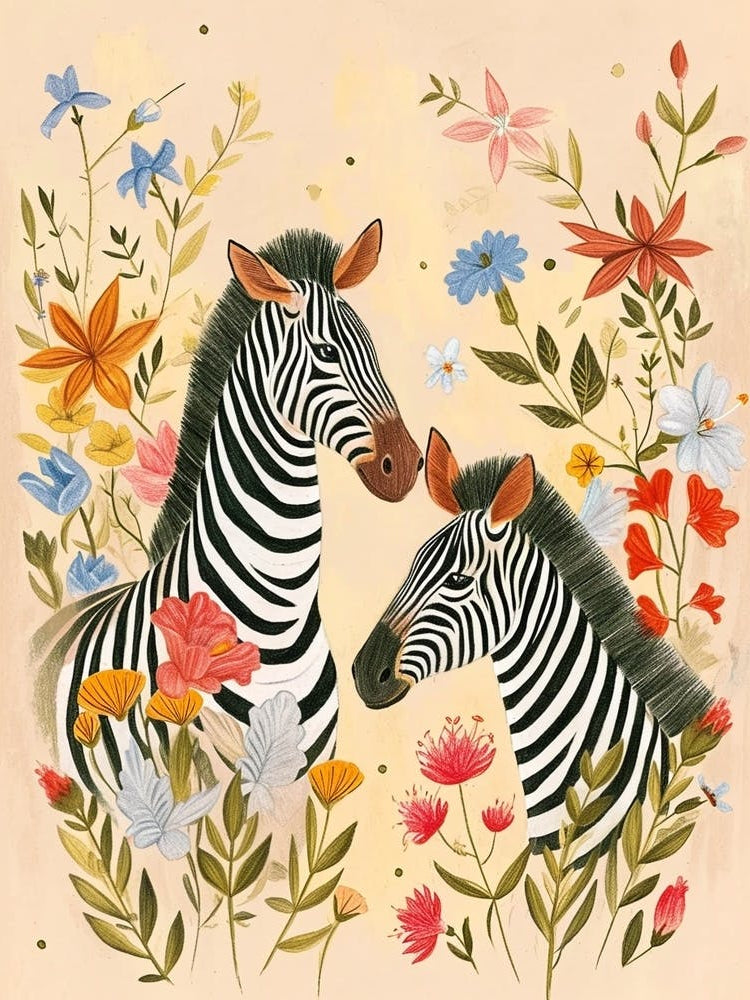 Folksy Floral Animal Drawing Zebra 2