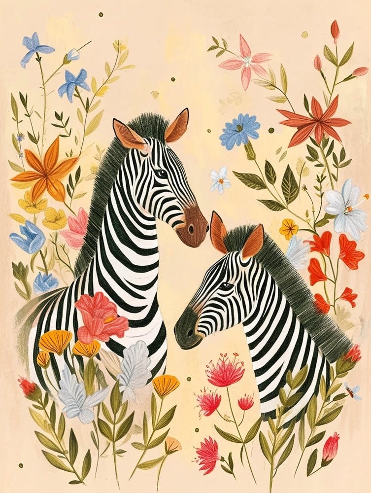 Folksy Floral Animal Drawing Zebra 2