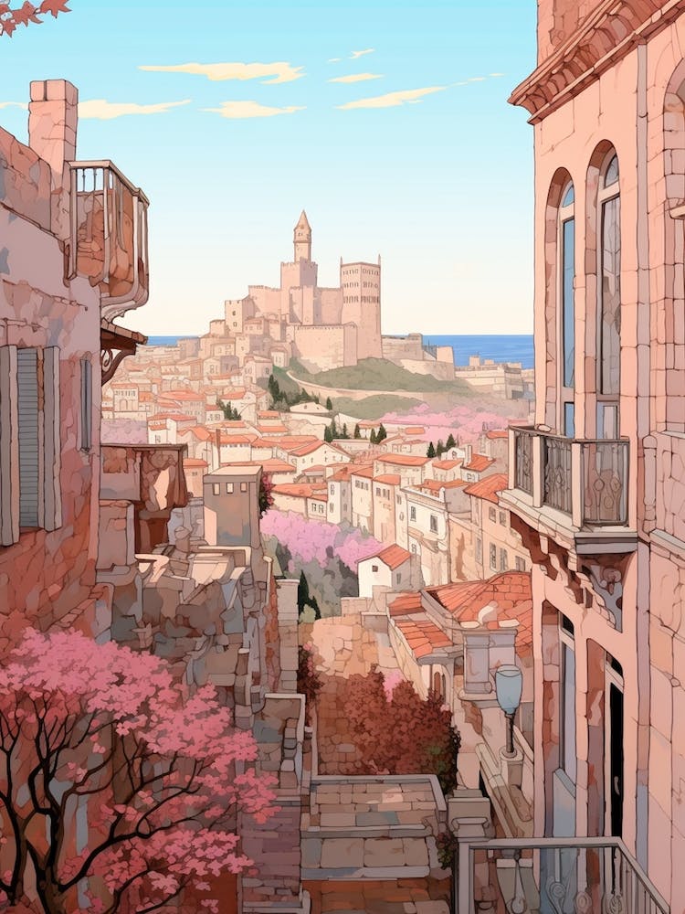 Marseille France 2 Vintage Pink Travel Illustration