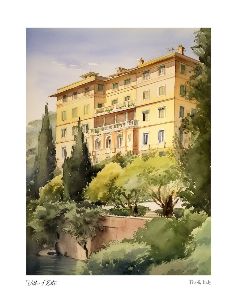 Villa D'Este, Tivoli, Italy 3 Watercolour Travel Poster