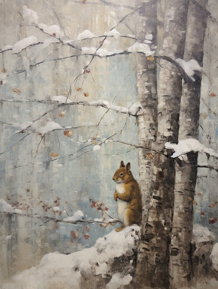 Vintage Winter Animal Painting Red Squirrel 1