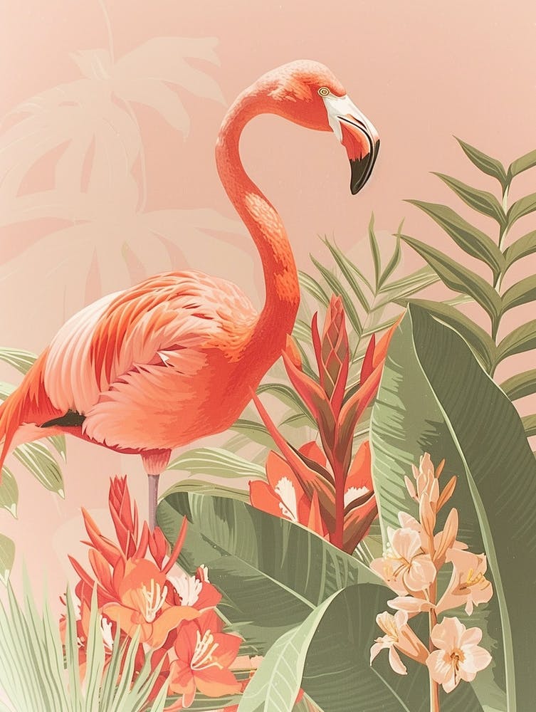 Lesser Flamingo And Heliconia Minimalist Illustration 2