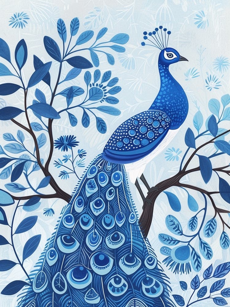 Folky Floral Peacock On A Tree Branch 2