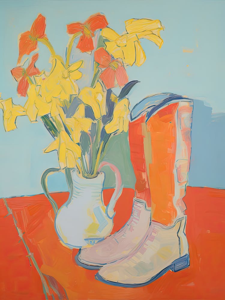 Painting Of Yellow Flowers And Cowboy Boots, Oil Style 5