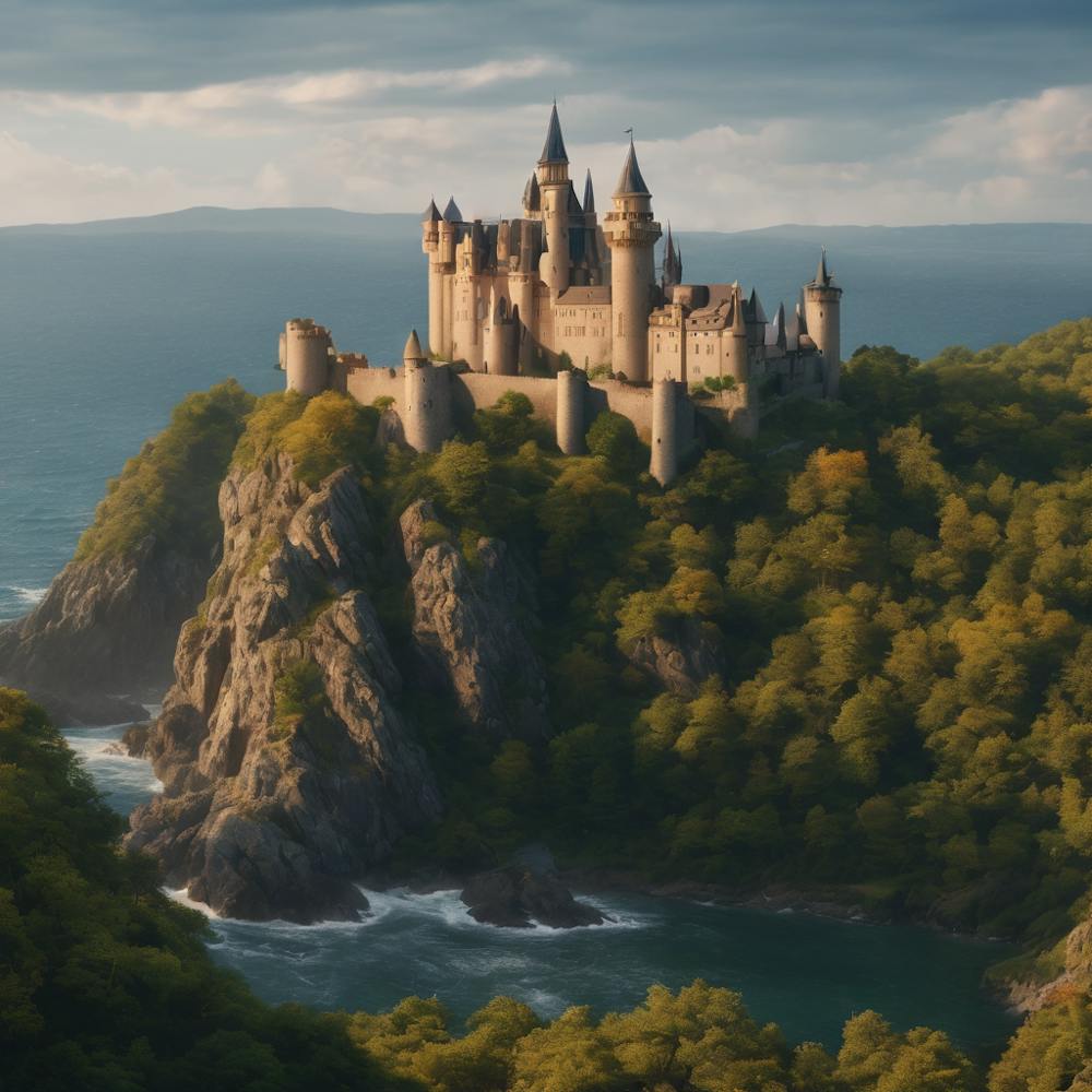 A picture of a castle on a rocky hill