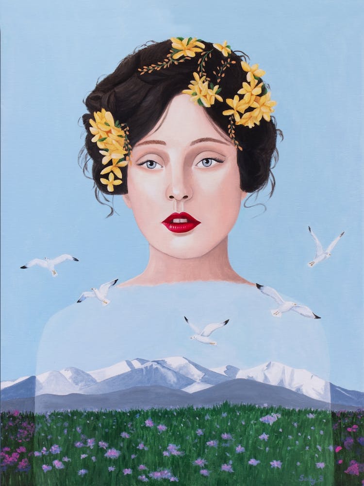 Lady Surrealist With Mountain And Seagulls
