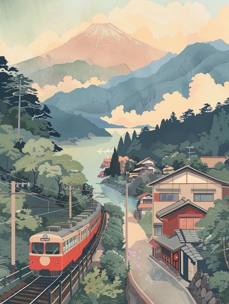 Hakone Japan 2 Retro Illustration