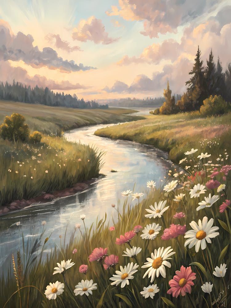 Oil Painting Style Tranquil Riverside Meadow Wildflowers & Sunset Landscape