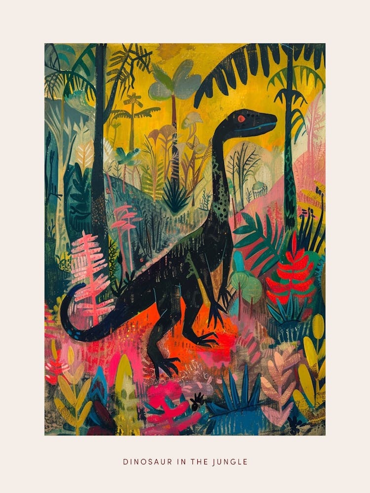 Colourful Dinosaur In A Jungle Painting 1 Poster