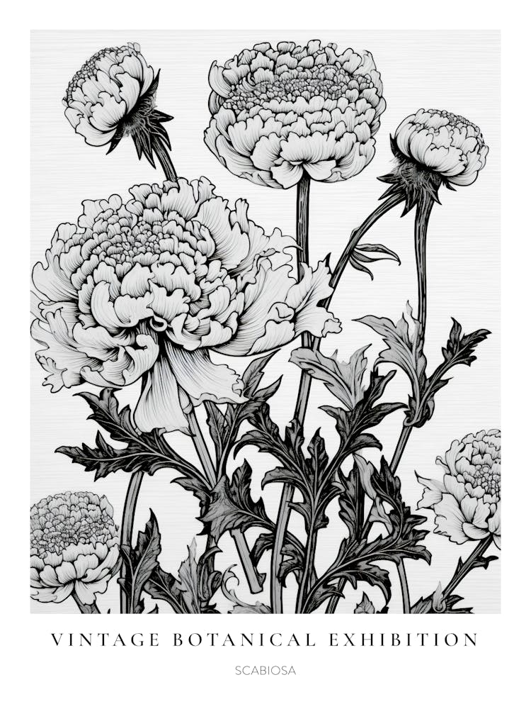 Scabiosa B&W Vintage Botanical Poster