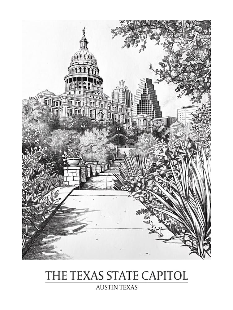 The Texas State Capitol Austin Texas Black And White Drawing 2 Poster