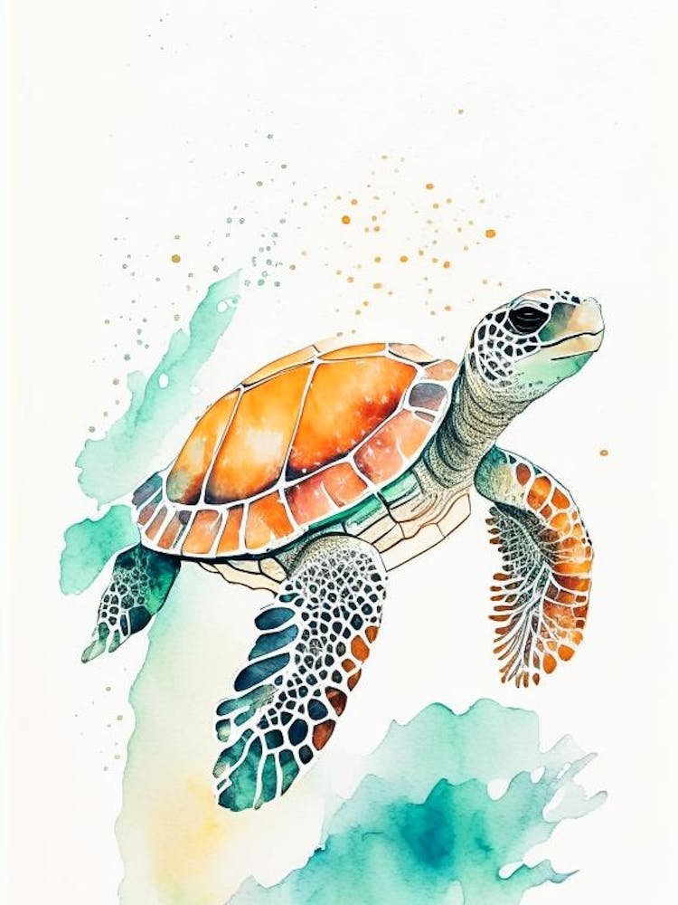 A Single Sea Turtle In Coral Reef, Sea Turtle Minimalist Watercolour 1
