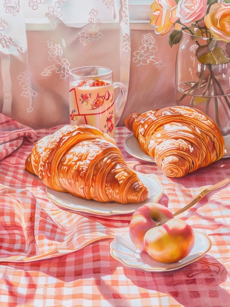 Pink Breakfast Food Bread, Croissants And Fruits 3