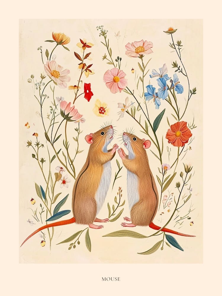 Folksy Floral Animal Drawing Mouse 5 Poster