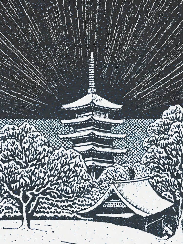 A Snow Covered Village With A Distant View Of A Pagoda Ukiyo-E Style 2