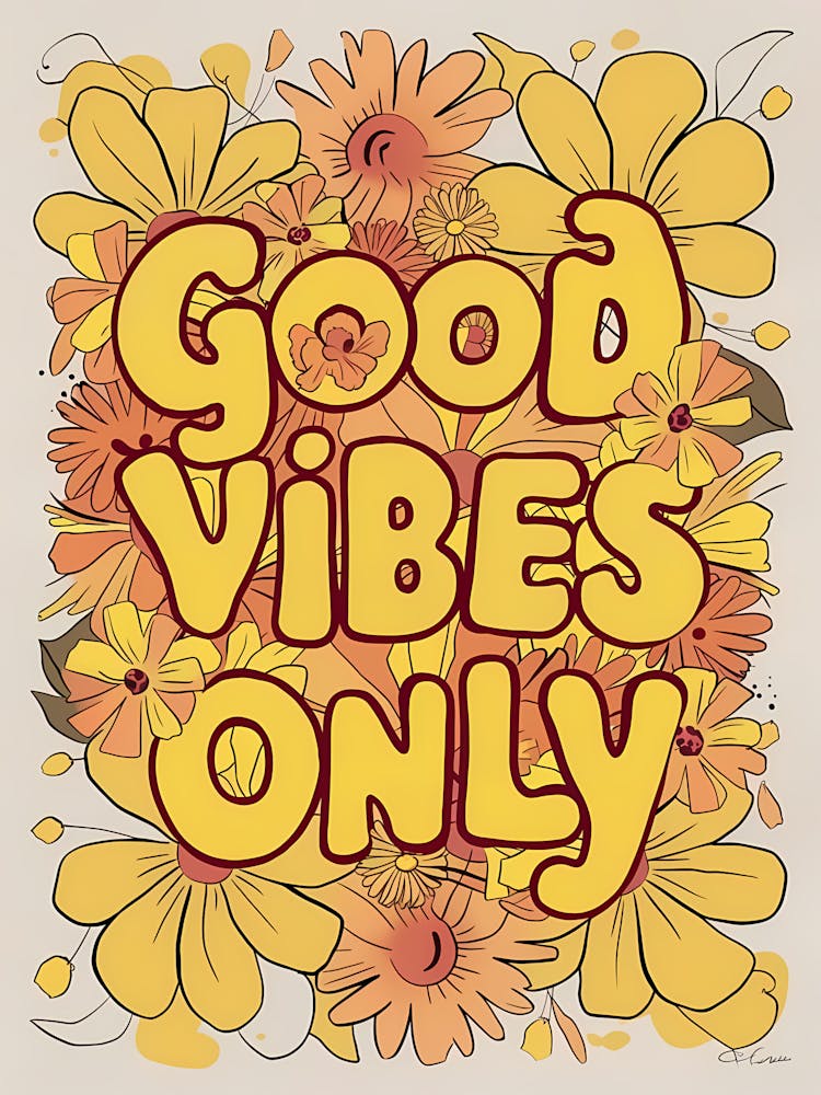 Flower Power Typography Good Vibes Only In Pastel Blooms Yellow 2