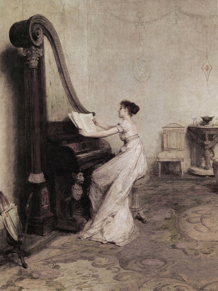 Woman Playing The Piano Vinatage Portrait Painting