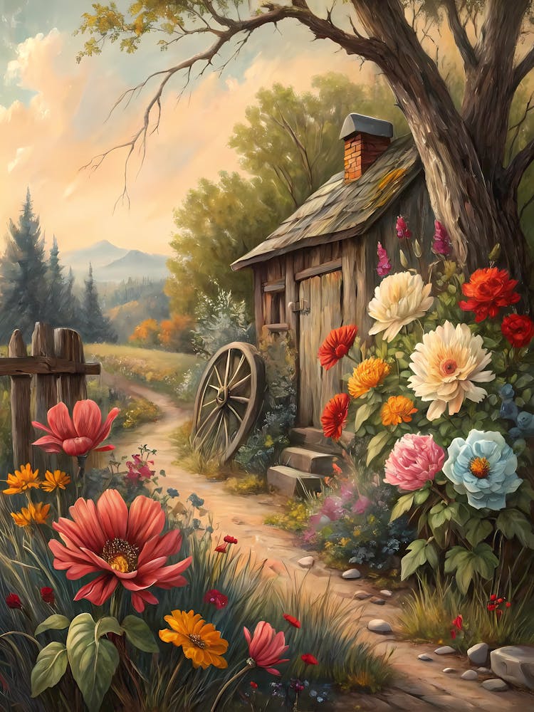 Oil Painting Style Whimsical Cottage Garden Floral Landscape with Rustic Cabin