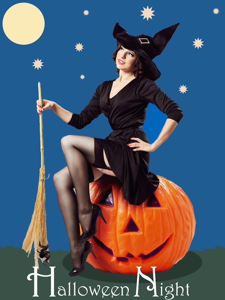 Pinup Witch On A Big Pumpkin At A Halloween Moon