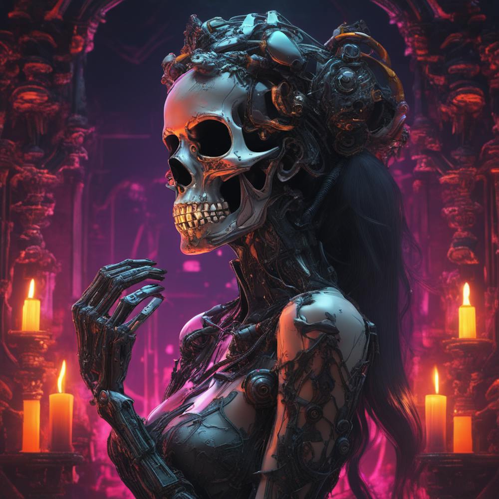 A Halloween Princess Kissing A Skull Neon Ambiance Abstract Black Oil Gear Mecha Detailed Acryl