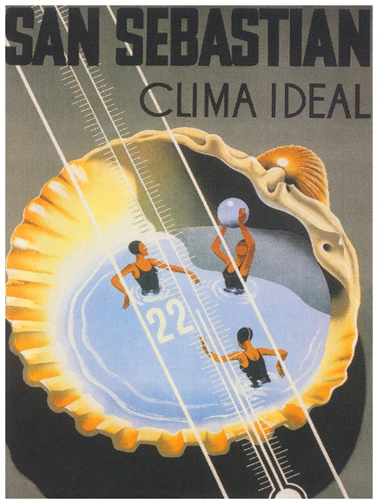San Sebastian Spain, Whimsical Swimming Pool in Clam Shell, Vintage Travel Poster