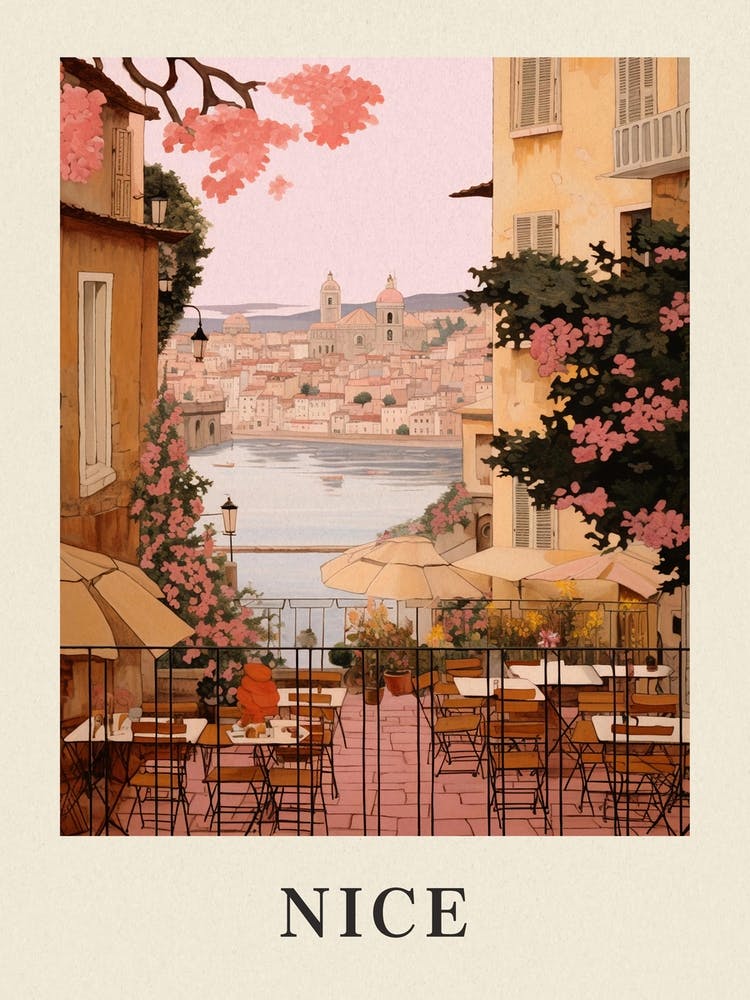 Nice France 1 Vintage Pink Travel Illustration Poster