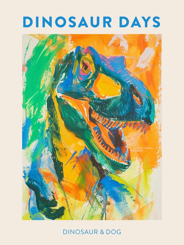 Dinosaur & Dog Orange Blue Dinosaur Poster