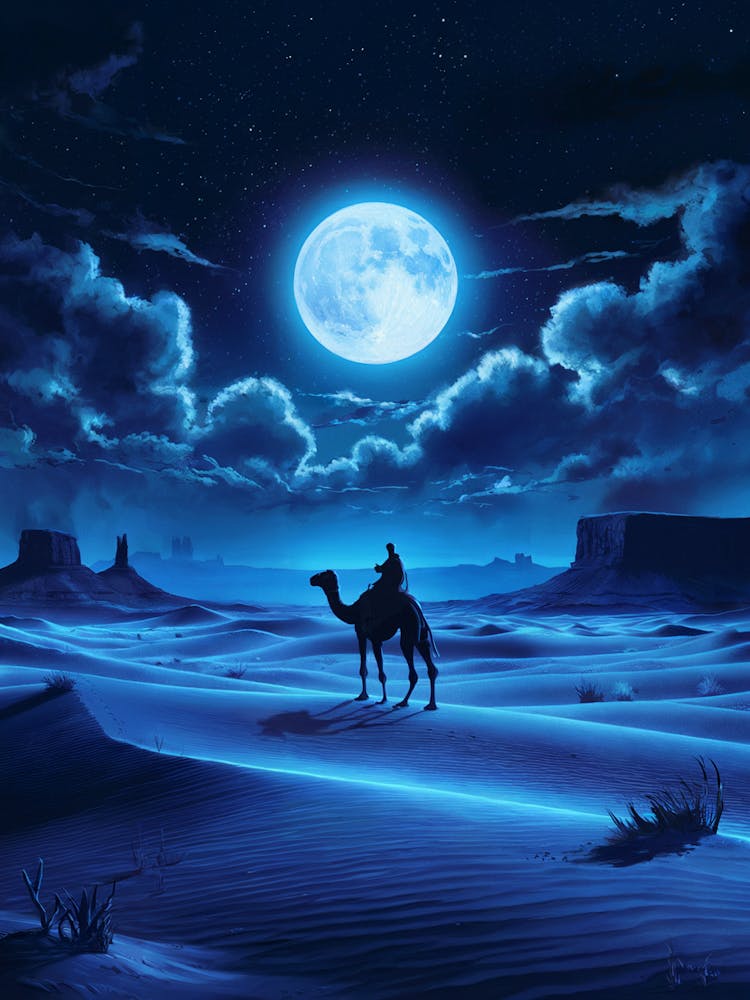 Lofi Anime Art: Moonlit desert with a lone camel rider under a starry sky, perfect for serene and dreamy vibes.