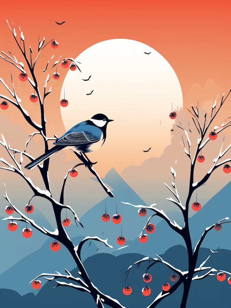 Lone Bird Perching On Snowy Branches 1