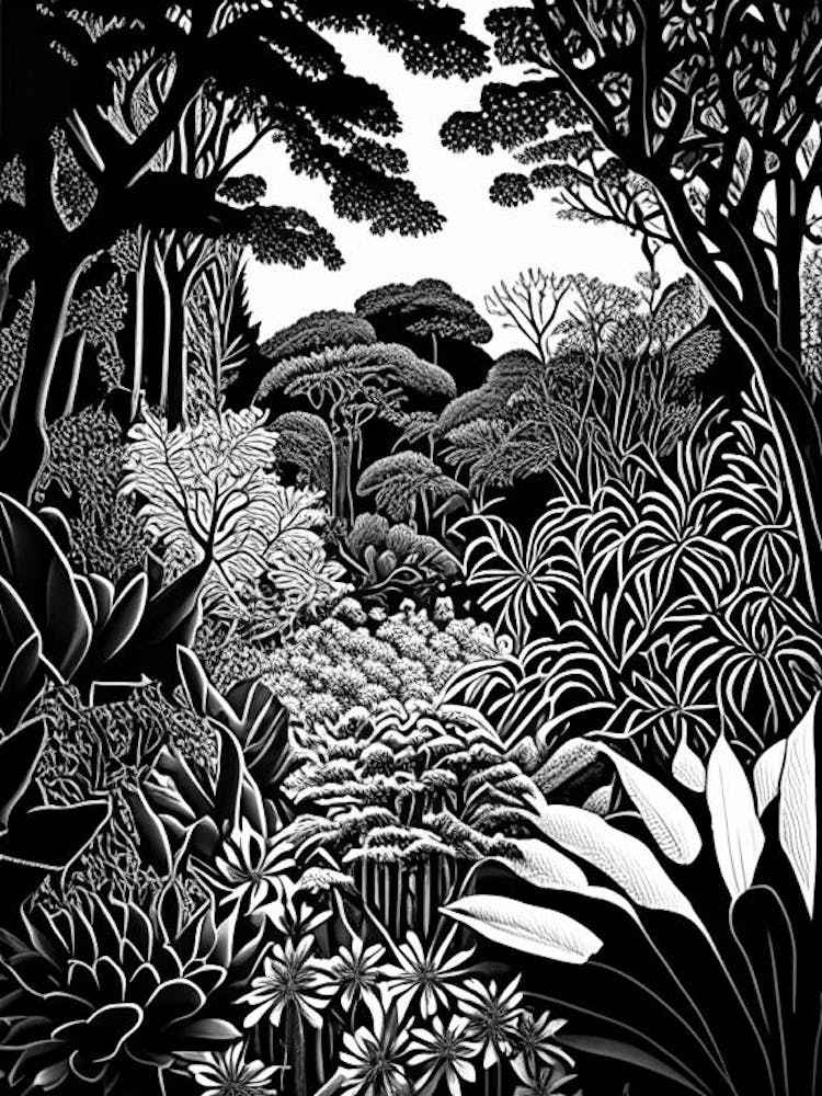 Royal Tasmanian Botanical Gardens, Australia Linocut Black And White Vintage