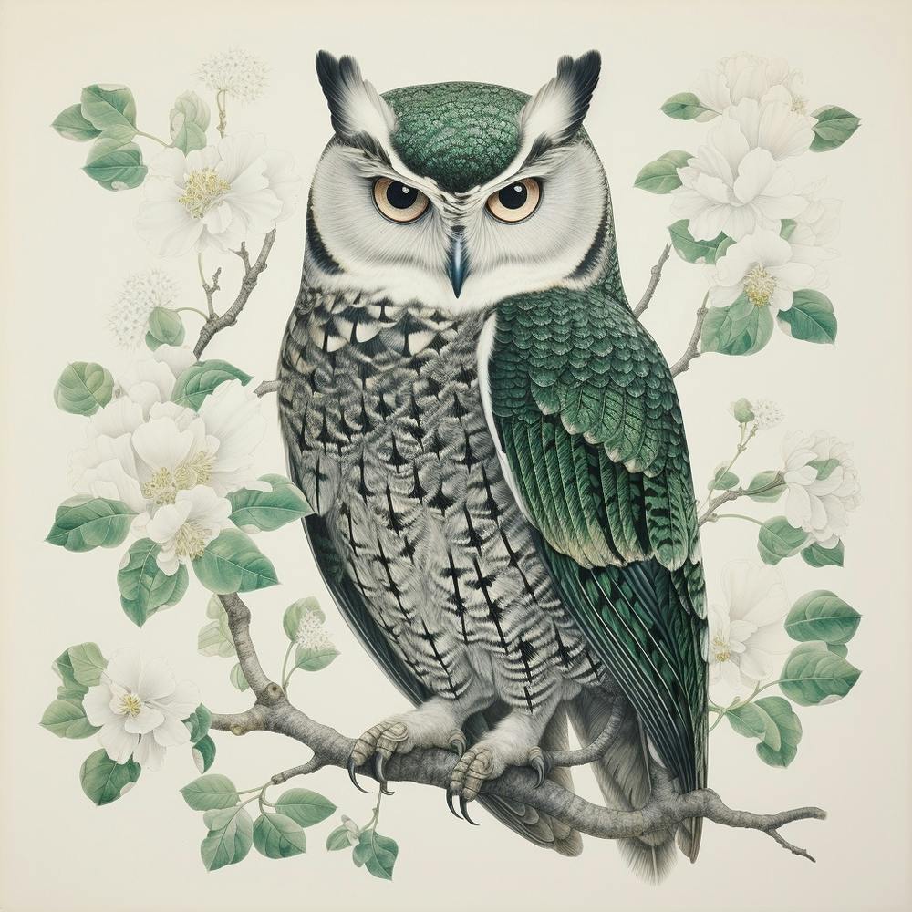 Ohara Koson Inspired Bird Painting Eastern Screech Owl 1 Square