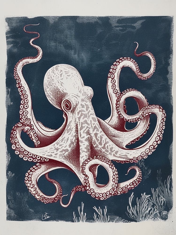 Retro Linocut Octopus With Blue Background 2