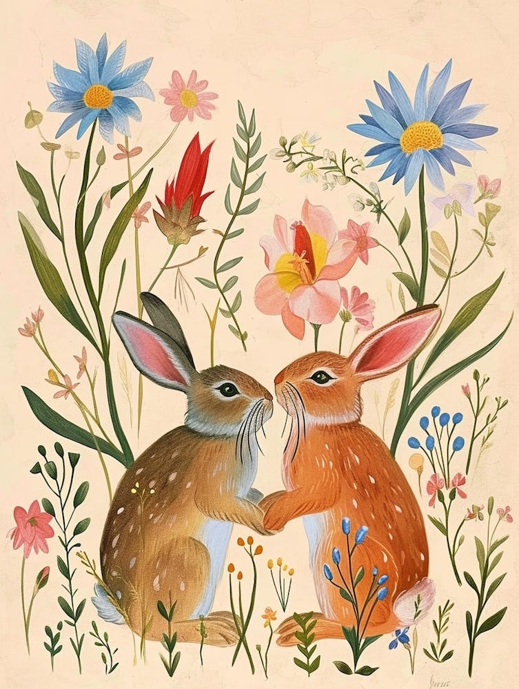 Folksy Floral Animal Drawing Rabbit 3