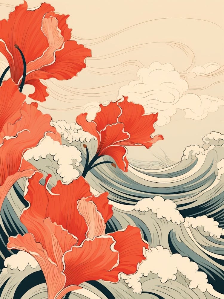Great Wave With Tulip Flower Drawing In The Style Of Ukiyo E 4