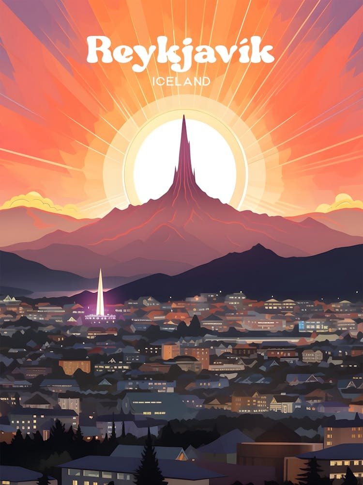 Reykjavk Iceland Sunrise Modern Travel Illustration