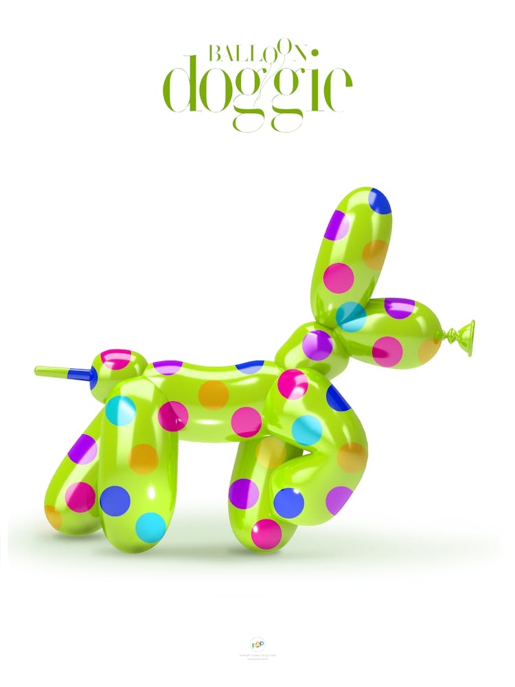 BALLOON DOGGIES GREEN + DOTS | Digital art | Pop Art World 2025 This character was invented by someone who played with making figures with balloons. Suddenly, in his skillful hands appeared this little dog, today baptized by Pop Art World as Balloon Doggie. This artwork was created using Adobe Illustrator and Photoshop. The best of Pop Art images, now in digital replicas! Prints with bright colors, sharp images, and high resolution.
