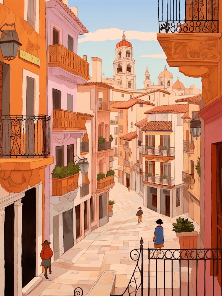 Valencia Spain 4 Vintage Pink Travel Illustration