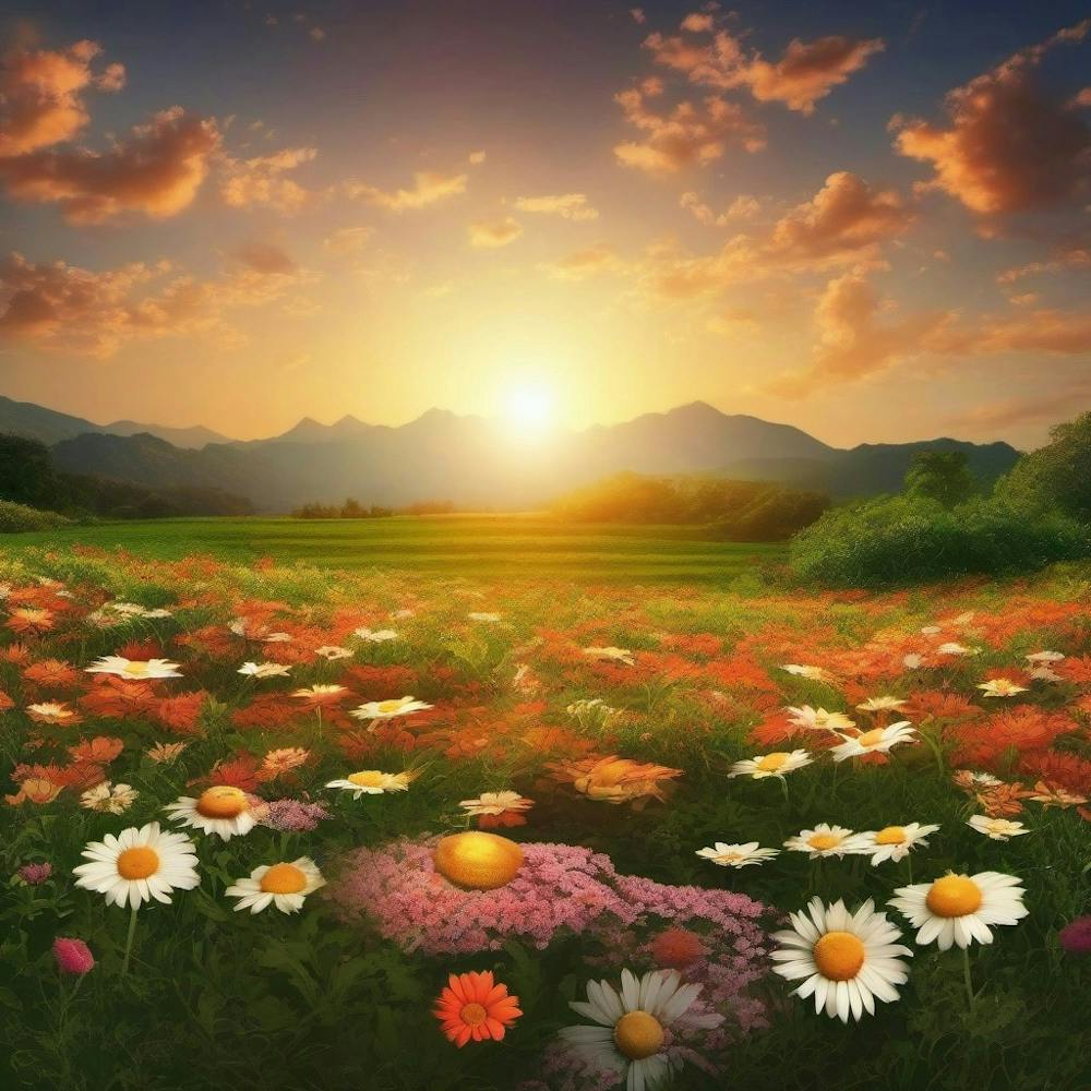 Daisy Field At Sunset