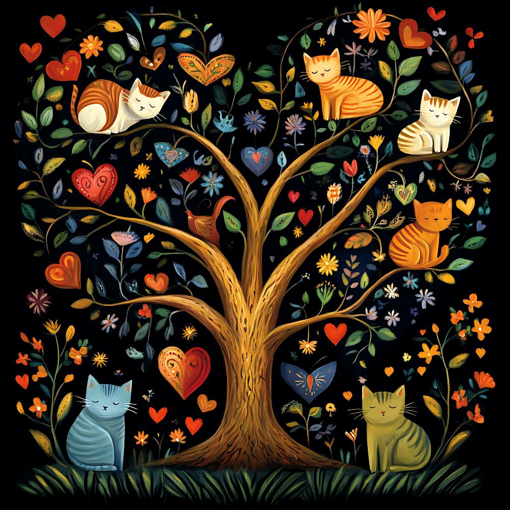 Folk Art Heart Tree Cat Climbing Artwork 5