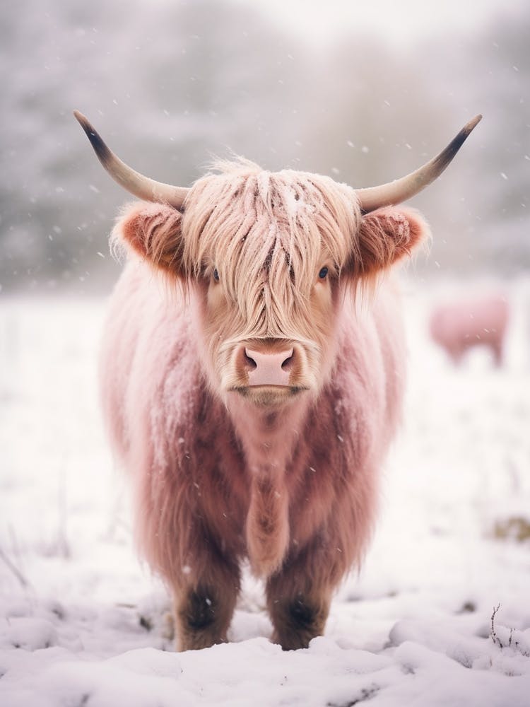 Highland Cow Snow Portrait Pink Filter 1