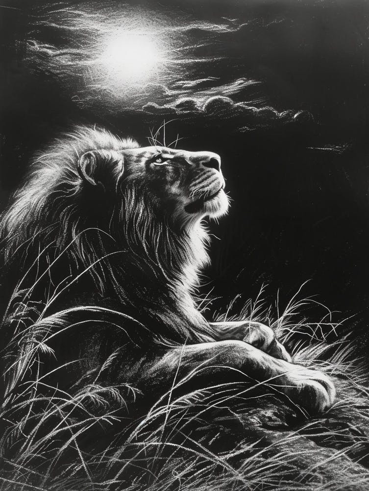 African Lion Charcoal Drawing Resting In The Sun 4