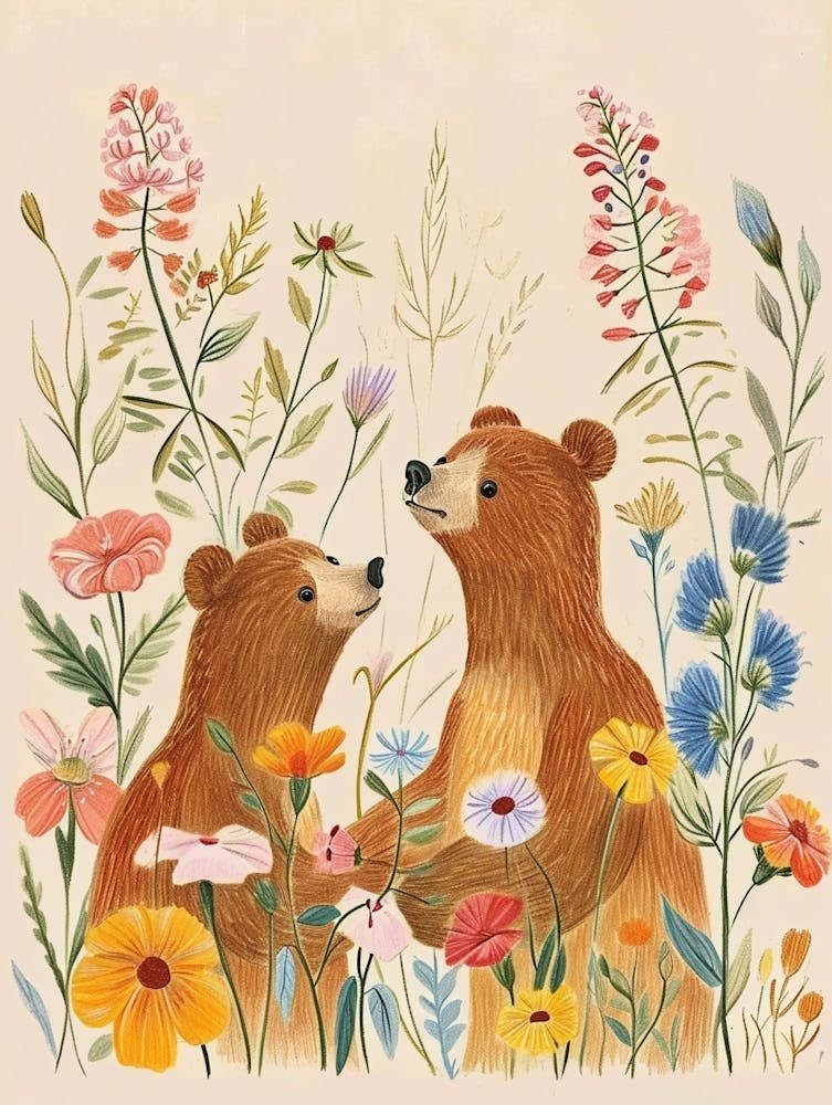 Folksy Floral Animal Drawing Brown Bear 3