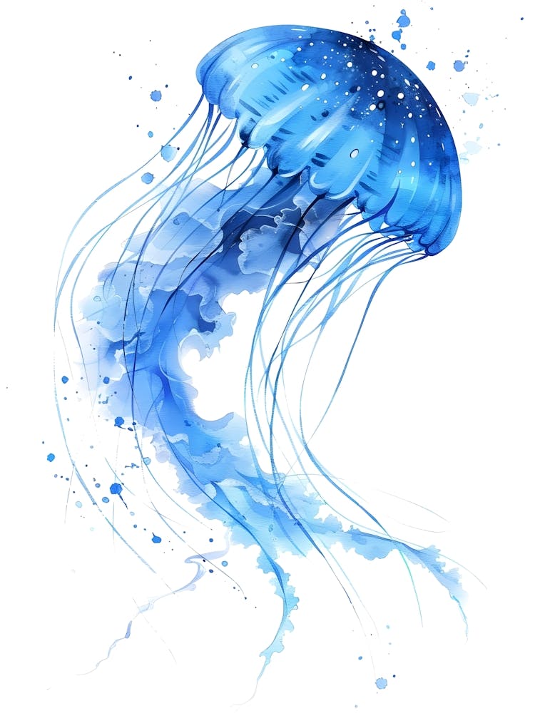Blue Jellyfish Watercolor Illustration