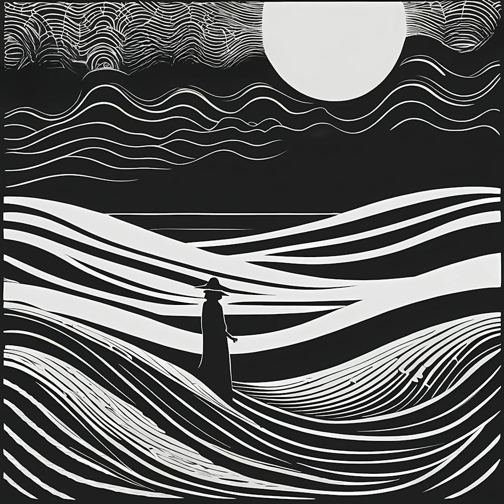 A Linocut illustration of A Mysterious figure, 138