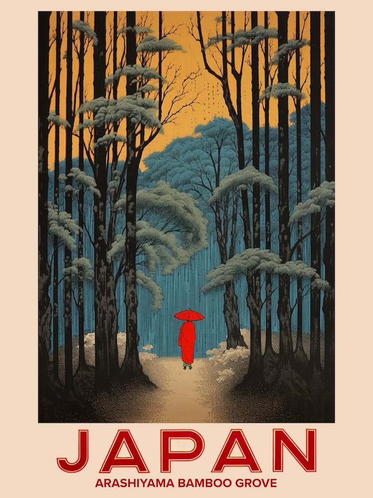 Arashiyama Bamboo Grove, Visit Japan Vintage Travel Art 1