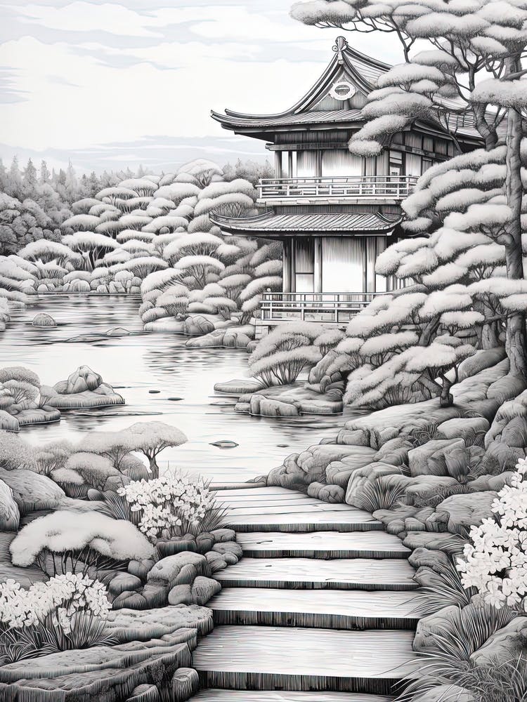 Ritsurin Garden In Kagawa, Ukiyo E Black And White Line Art Drawing 3